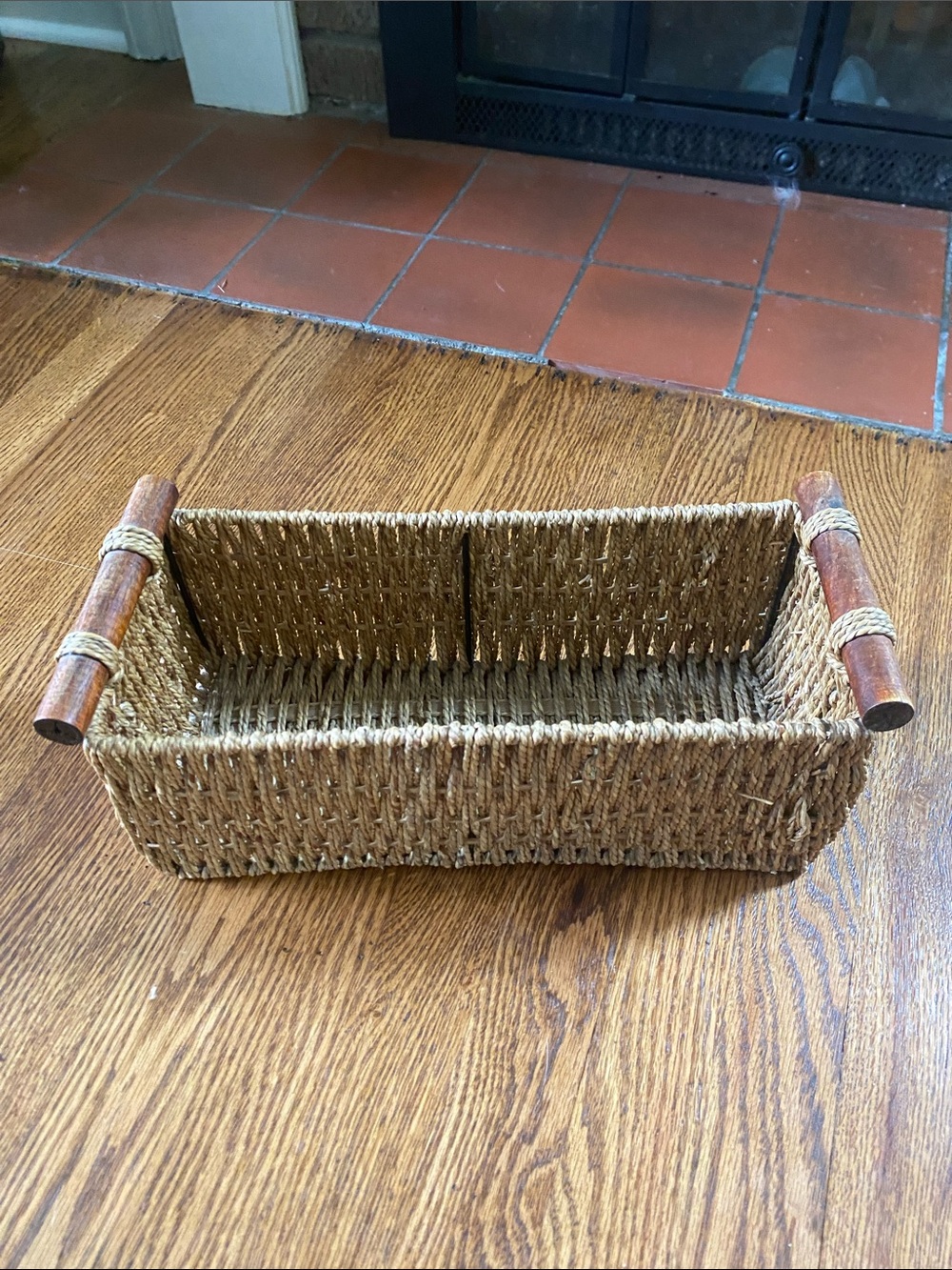 Handwoven Seagrass and Wood Handle Storage Basket